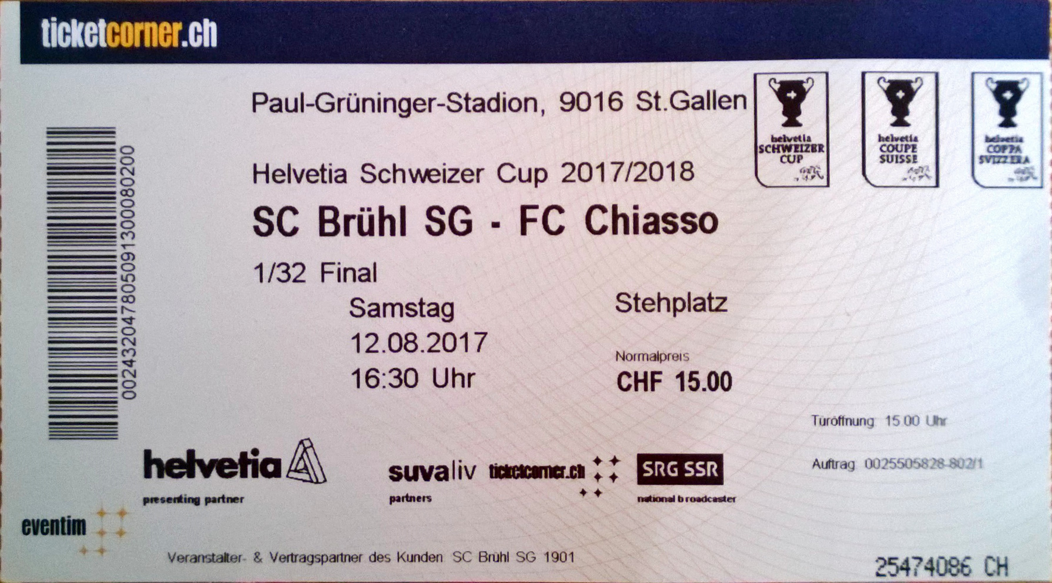 Groundhopping, St. Gallen, Paul-Grüninger-Stadion, Krontal, Fussball, SC Brühl - FC Chiasso, Ticket