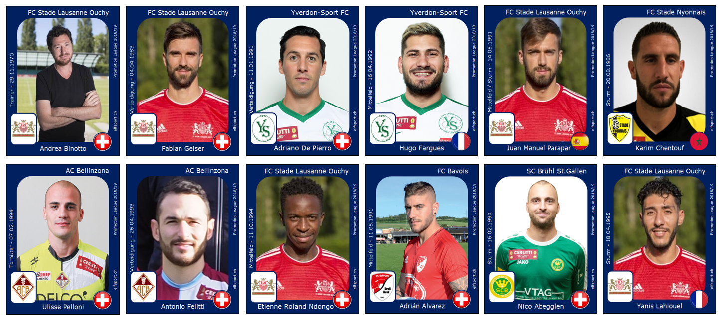 Team der Saison - Promotion League 2018/19 - Angelo Binotto (FC Stade Lausanne Ouchy), Fabian Geiser (FC Stade Lausanne Ouchy), 
Adriano De Pierro (Yverdon-Sport FC), Antonio Felitti (AC Bellinzona), Hugo Fargues (Yverdon-Sport FC), Etienne Ndongo (FC Stade Lausanne Ouchy), 
Juan Parapar (FC Stade Lausanne Ouchy), Adrián Alvarez (FC Bavois), Yanis Lahiouel (FC Stade Lausanne Ouchy), Karim Chentouf (FC Stade Nyonnais), 
Nico Abegglen (SC Brühl St.Gallen)