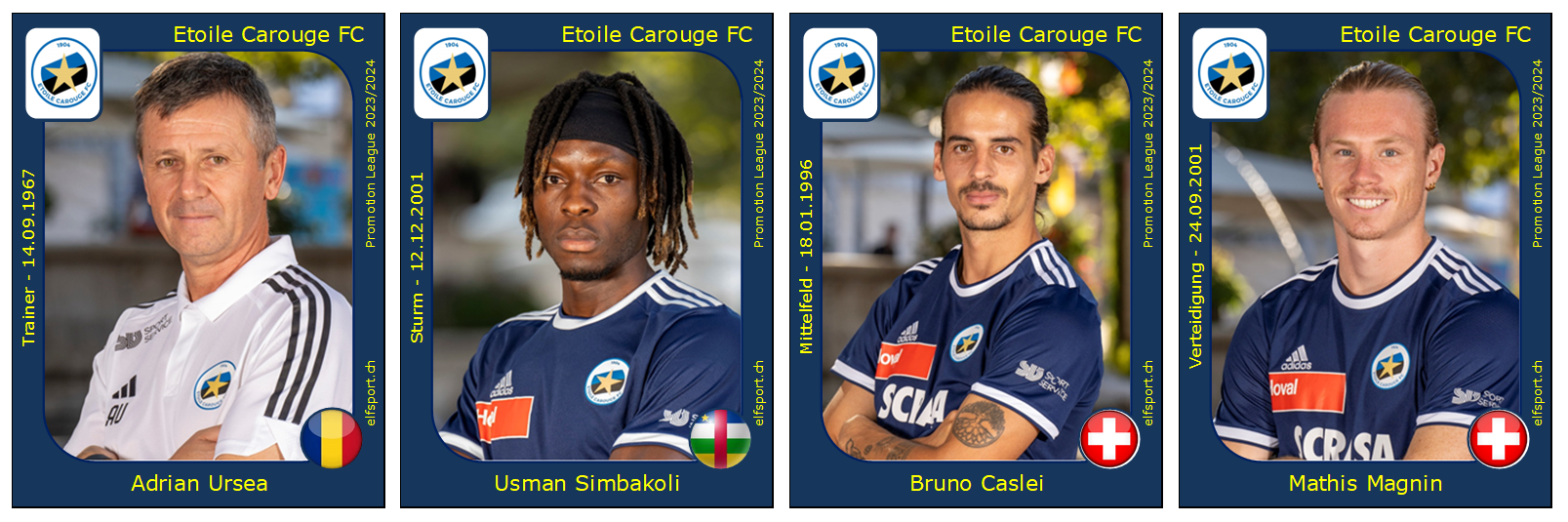 Promotion League Saison 2023/24, Spieler von Leader Etoile Carouge - Trainer Adrian Ursea - Usman Simbakoli - Bruno Caslei - Mathis Magnin - 03.12.2023
