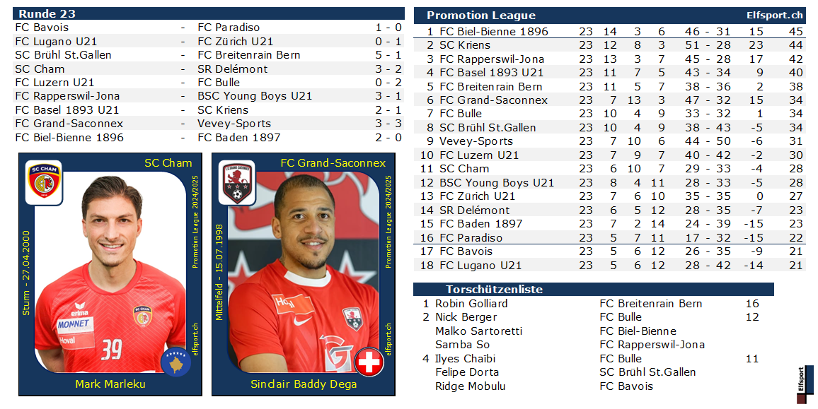 Promotion League Saison 2024/25, Resultate und Tabellen - Sinclair Baddy Dega, FC Grand-Saconnex - Mark Marleku, SC Cham - 17.03.2025