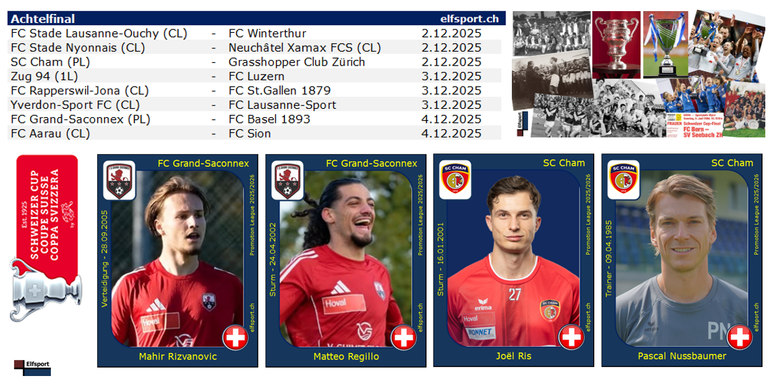 Schweizer Cup Saison 2025/26, Achtelfinals - Unterklassige wollen in die Cup-Viertelfinals - 29.11.2025